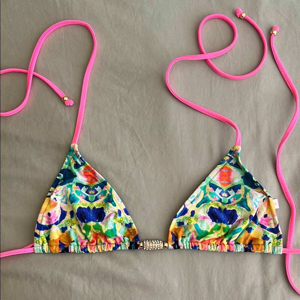 Colorful Triangle Bikini Top with Pink Straps